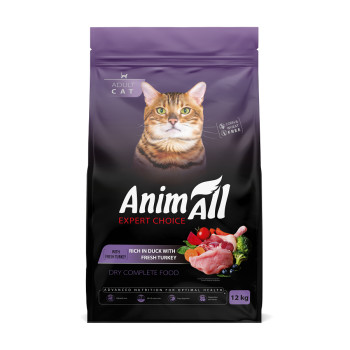 Сухой корм AnimAll для взрослых кошек со свежей индейкой и уткой, 12кг