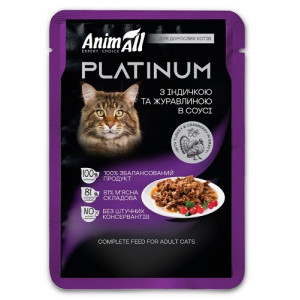 Влажный корм AnimAll PLATINUM Пауч для взрослых кошек с Индейкой и Клюквой в соусе, 85г