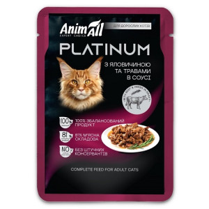 Влажный корм AnimAll PLATINUM Пауч для взрослых кошек с Говядиной и Травами в соусе, 85г
