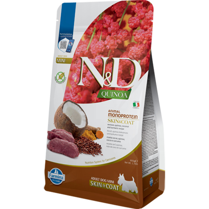 Farmina N&D Quinoa Skin&Coat, Venison&Coconut Adult Mini - корм Фарміна для дорослих собак дрібних порід з олениною та кокосом 800 г