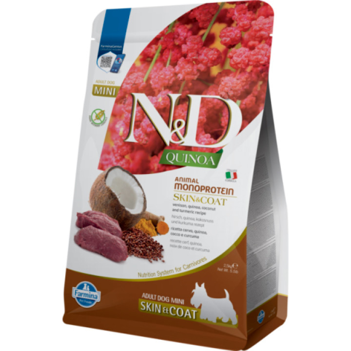 Farmina N&D Quinoa Skin&Coat, Venison&Coconut Adult Mini - корм Фарміна для дорослих собак дрібних порід з олениною та кокосом 2,5 кг