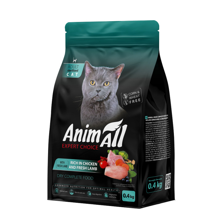 Сухой корм AnimAll для стерилизованных кошек с курицей и свежей ягнятиной, 0,4 кг