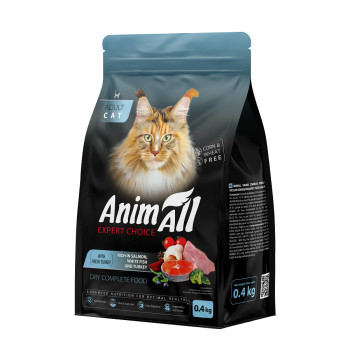 Сухой корм AnimAll для кошек с лососем, белой рыбой и свежей индейкой, 0,4кг