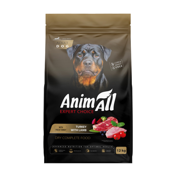 Сухий корм AnimAll для дорослих собак великих порід зі свіжою індичкою та ягням, 12 кг