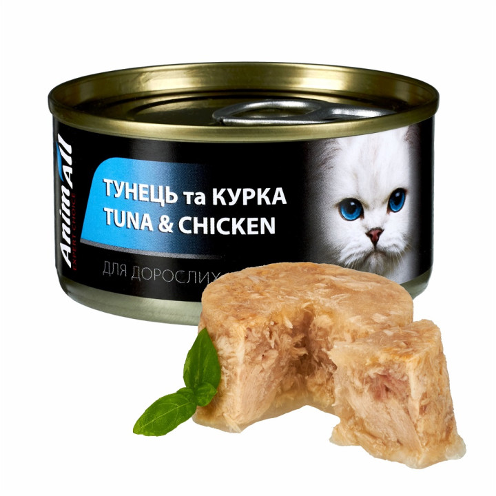 Вологий корм AnimAll для котів, тунець з куркою, 85г