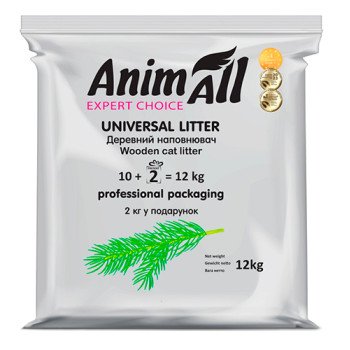 Древесный наполнитель AnimAll без аромата, для кошек, 10 + 2 кг в подарок