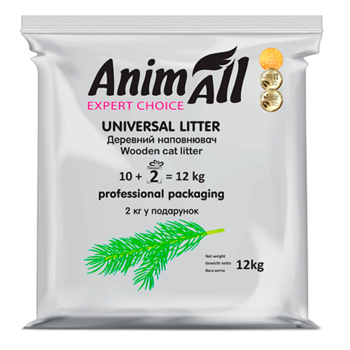 Деревний наповнювач AnimAll без аромату, для котів, 10 + 2 кг у подарунок