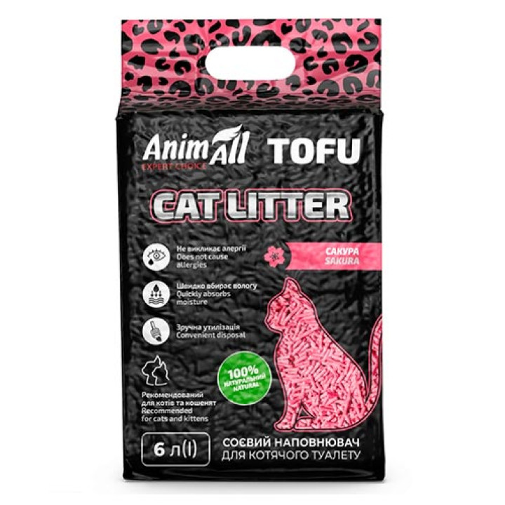 Соевый наполнитель AnimAll Tofu Saсura с ароматом сакуры, для кошек, 6 литров (2,6 кг)