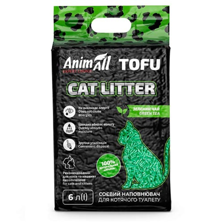 Соєвий наповнювач AnimAll Tofu Green Tea з ароматом зеленого чаю, для котів, 6 літрів (2,6 кг)