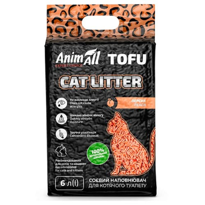 Соевый наполнитель AnimAll Tofu Peach с ароматом персика, для кошек, 6 литров (2,6 кг)